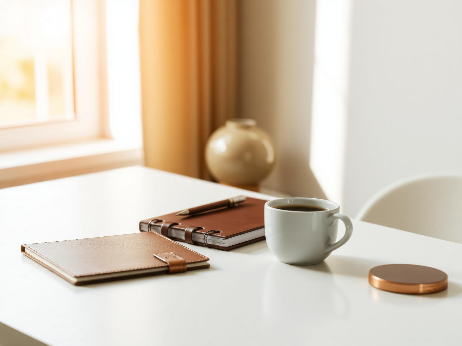 A calm executive workspace with a leather notebook and coffee in warm morning light